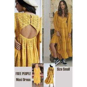 Free People Mockingbird Tiered Maxi Dress Size S Gold Eyelet Viscose Cotton